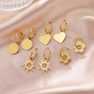 Dangle Hoop Earrings Heart Sun Flower Designs 18K Gold Plated Stainless Steel Polished Rustproof Daily Wear Gift