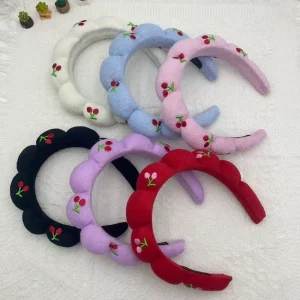 Daou Cross border Cloud Women’s Korean Style Cherry Embroidery Plush Sweet Face Washing Towel Cloth Headband Hair Accessories