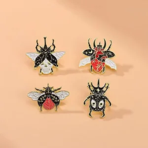 Dark Gothic Insect Enamel Metal Beetle Brain Badge Black Nickel Plated Subculture Brooch Decor Backpack
