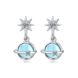Delicate Blue Star Stud Earrings with Moonstone and Zircon Copper Alloy Small and Elegant Planet themed Women’s Party Earrings