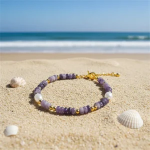 Delicate Bohemian Style Trendy Bracelet with Purple Gemstone Pearl and Gold Beads Minimalist Design Gift