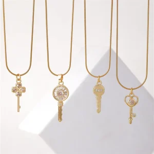 Delicate Copper CZ Key Necklace Long Chain Pendant Jewelry