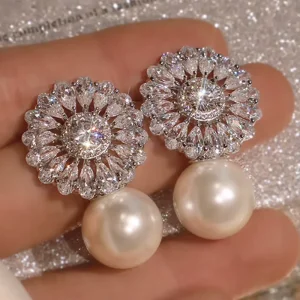 Delicate Flower Pear Cut Cubic Zirconia Drop Earring Bridal Wedding Imitation Rhodium Plated Pearl Pendant Earrings Women