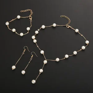 Delicate Glass Pearl Necklace Set Includes Bracelet and Earrings for Women
