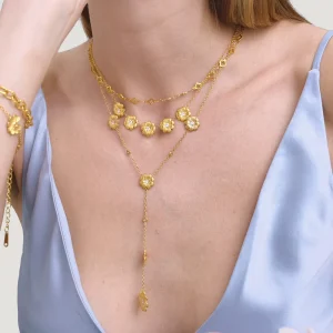 Delicate Gold Floral Necklace Stainless Steel Textured Flower Pendants Zirconia Centers Layered Boho Statement for Women