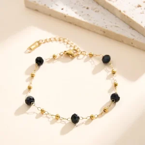 Delicate Stainless Steel 18K Gold Plated Faceted Black Onyx Crystal Bead Bracelet Fashion Jewelry