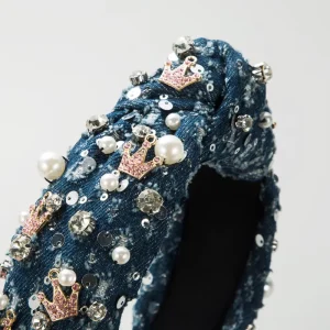 Denim Crown Charm Knotted Headband Pearl Rhinestone Embellished Hair Accessories 13CM Party High Quality