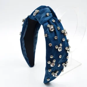 Denim Knotted Headband with Sparkling Rhinestones Crystal Embellished Fabric Hair Hoops for Women