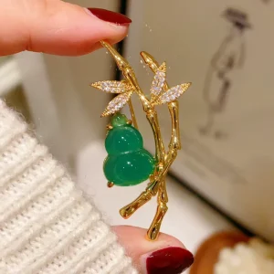 Design Exquisite Alloy Water Diamond Gourd Bamboo Leaf Brooch Fashion Women’s Rhinestone Brooch Gift Pin