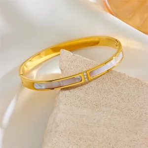 Designer Inspired 18K PVD Gold Plated 316L Stainless Steel Waterproof Mother Pearl H Letter Bangle Bracelet for Women