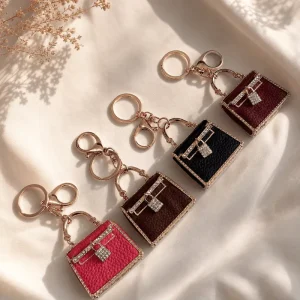 Designer Inspired Fashion Mini Leather Handbag Keychain with Rhinestone & Metal Ring Car Pendant Bag Charm Gift for Women