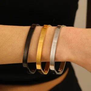 Designer Jewelry Bangle Rectangular Shape Gold Silver Black Stainless Steel Gold Plated