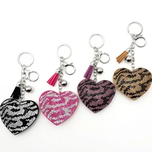 Diamond Bling Leopard Heart Shape Tassel Keychain Rhinestone Fashion Keyring Charm Bag Accessories Pendant Keychain