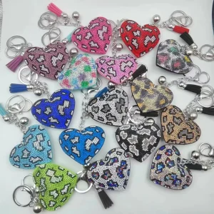 Diamond Bling Leopard Heart Shape Tassel Keychain Rhinestone Fashion Keyring Charm Bag Accessories Pendant Keychain