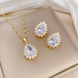 Diamond Drop Necklace and Earring Jewelry Set Titanium Steel for Women