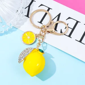 Diamond Encrusted Zinc Alloy Lemon Keychain Creative Fruit Shaped Pendant Fashionable Key Ring and Bag Accessory Charm