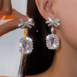 Diamond Fashion Jewelry Set Bow Necklace & Long Drop Rhinestone Earrings