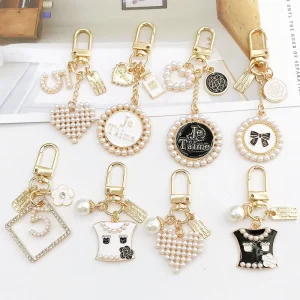 Diamond & Perfume Bottle Bow Pearl Women’s DIY Bling Metal Keychains Bag Pendant Phone Charm Car KeyRing & Heart shaped Keychain