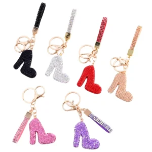 Diamond Rope Round Buckle High Heel Keychain Full Rhinestone Key Bag Pendant Crystal Car School Bag Keychain
