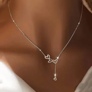 Diamond inlaid Heart shaped Tassel Metal Bamboo Chain Necklace Women’s Sporty Summer Fashion Commuting Niche Design