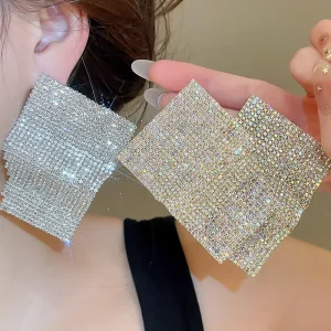 Diamond studded Geometric square Earrings with Retro Exaggerated Design Luxurious High end Earrings