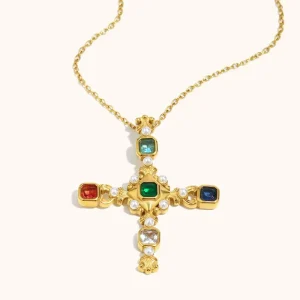 Dingran New Cross Imitation Pearl Zircon Pendant Necklaces Stainless Steel Gold Plated Fashion Jewelry Women’s Gift