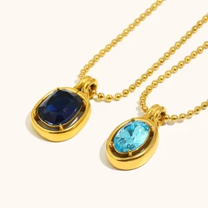 Dingran New Fashion Stainless Steel Gold Plated Round Zircon Pendant Necklaces Blue Bead Jewelry Women’s Gift