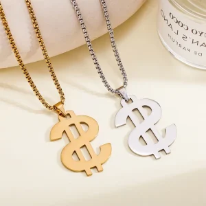 Dollar Pendant Stainless Steel Gold Dollar Money Symbol Pendant Necklace Hips Hops Jewelry