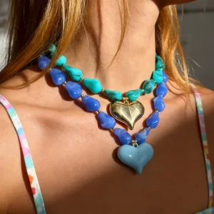 Dopamine Colorful Heart Pendant Necklace Irregular Acrylic Beaded Chain with Gold Spacers Boho Statement Jewelry for Women Gift