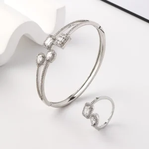 Double Headed Waterdrop Zircon Jewelry Set Slim Open Bangle and Ring Set for Women