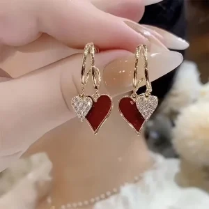 Double Heart Jewelry Maroon Black Dangling Hoops, Everyday Valentine’s Day Semi Joias