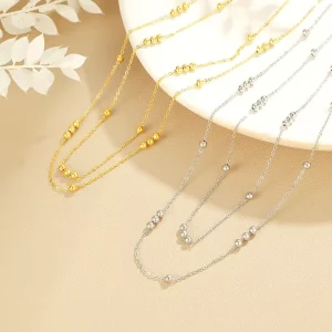 Double-Layer Bead Necklace with Irregular Stacking Stainless Steel Chain