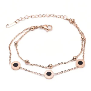 Double Layer Beaded Chain Three Roman Circular Gold Plated Stainless Steel Unisex Bangle Fashion Link Bangles