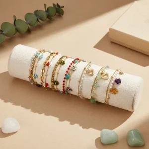 Double Layer Bohemian Hollow Heart Zircon Stainless Steel 18K Gold Plated Pendant Bracelet Beaded Charms Unisex