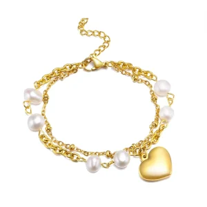 Double Layer Chain Bracelets Stainless Steel Gold Plated Fashion Women Accessories Heart Charms Pearl Bracelet