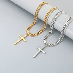 Double Layer Cuban Chain Cross Stainless Steel Pendant Necklace Twisted Rope Chain Segment Unisex Punk Accessory
