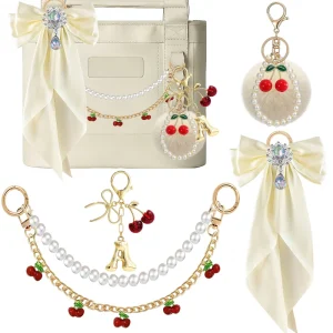 Double Layer Faux Pearl Gold Bag Decor Chain Cherry Bow Floral 26 Letter Pendant Purse Charm Hardware Accessories Set Keychain