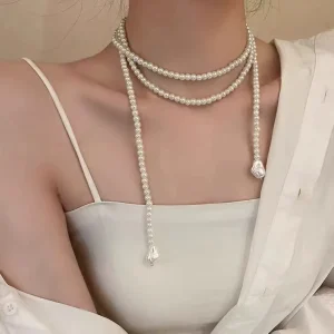 Double Layer Imitated Pearl Beaded Necklace for Women Elegant Ladies Long Necklace Accessories Fashion Jewelry