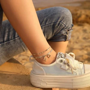 Double Layer Initial Anklet for Women Figaro Chain Heart Charm Custom Letter M Alphabet Pendant Foot Bracelet Gift