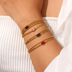 Double Layer Stainless Steel 18K Gold Plated Bead Chain Jewelry Figaro Chain Zircon Horse Eye Stone Bracelet