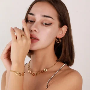 Double Layer Wear Gold Necklace Fashion Stainless Steel Diamond Costume Jewelry Necklace and Earring 4PCS Jewelry Sets