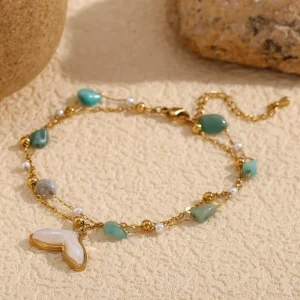 Double Layer Whale Tail Turquoise Anklet 18k Gold Plated Jewelry Fashion Stainless Steel Anklets for Women