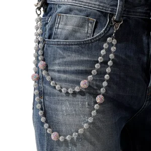 Double Layers Rosary Beads Pocket Chain Disco 10+16mm Ball Beaded Pendant Rhinestone Beads Bag Men’s Wallet Pocket Belt Chains