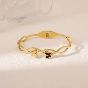 Double Matte Butterfly Stainless Steel Bangle Gold Plated Crystal Rhinestone Women’s Accessories