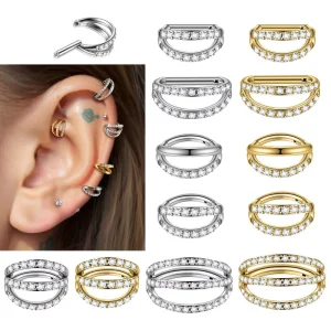 Double Open Stack CZ Nose Ring Hoop G23 Titanium Hinged Helix Rook Conch Cartilage Daith Tragus Earrings for Women Men