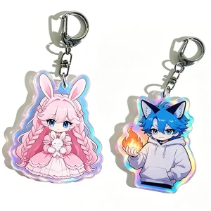 Double Sided Acrylic Keychain Custom Logo Rainbow UV Printing Waterproof Hologram Keychain