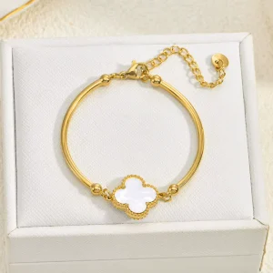 Double Sided Four Leaf Clover Women’s 18K Gold Plated Stainless Steel Chain Link Bracelet