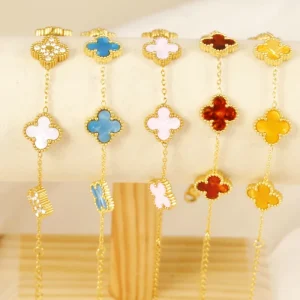 Double Sided Mother of Pearl Four Leaf Clover Bracelet Women Stainless Steel Luxury Fashion Jewelry