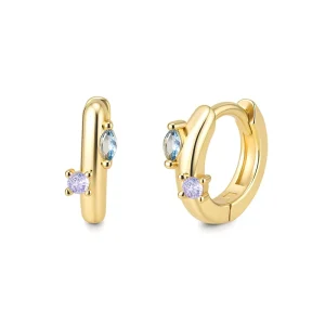 Double Stone Hoop Earrings 925 Sterling Silver Gold-Plated Zircon Huggie Earrings