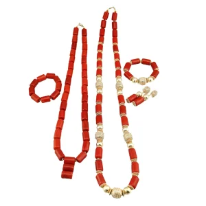 Double Strand Red Coral Necklace and Bracelet Set for African Women 18K Gold Plated Party Accessories YL241